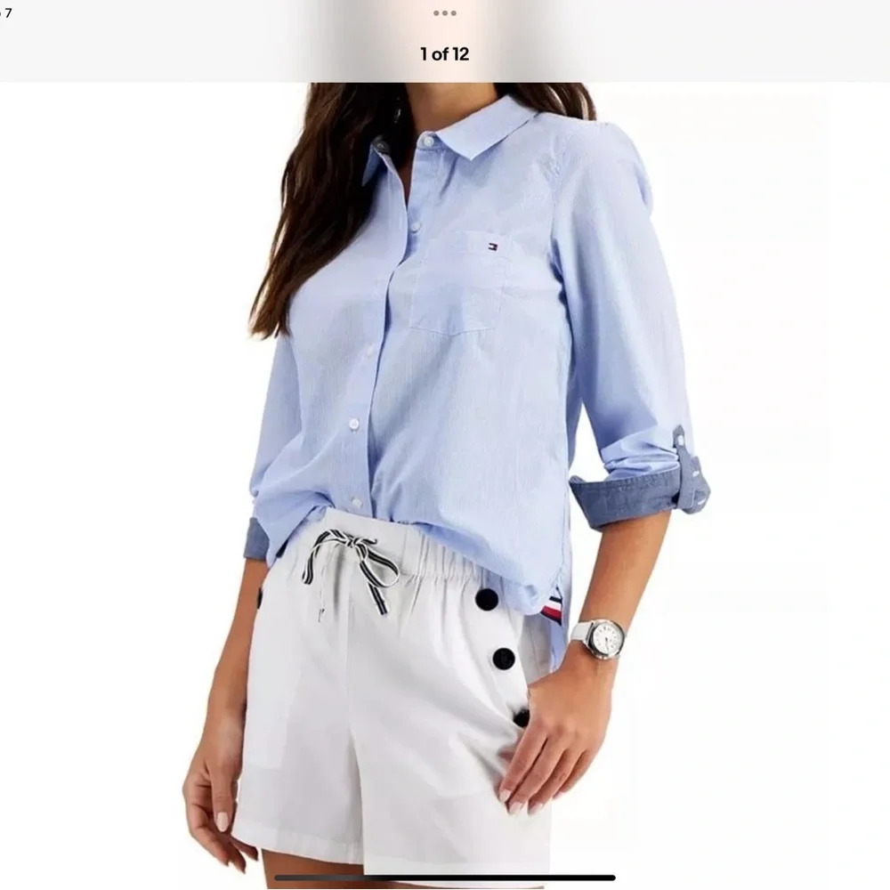 Tommy Hilfiger Womens Pinstripes Button Down Shirt Sz M Blue Preppy Old Money
